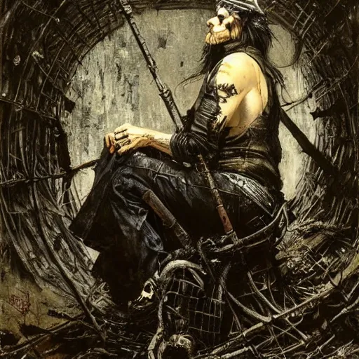 Image similar to razorpunk Rip Van Winkle disguised as the immortal bum seated in an ivy-covered hovel jonas de ro norman rockwell jim mahfood luis royo nicola samori unreal engine render bar code