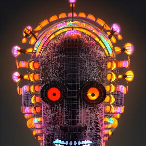 Image similar to portrait of a glossy claymodel of a steampunk aztec futuristic robot head, top of the head is a crown made of wires and multicolored glowing tubes, eyes are multicolored led screen, 8 k, front shot, symetrical, flourescent colors, halluzinogenic, multicolored, insanely detailed, 3 d render, octane