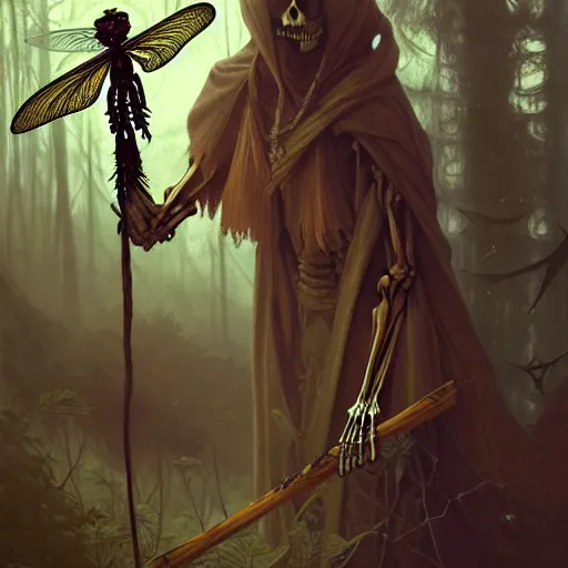 Prompt: photo of skeleton wizard with magic stick and dragonfly wings in the forest, highly detailed, digital painting, artstation, smooth, sharp focus, illustration, art by artgerm and greg rutkowski and alphonse mucha