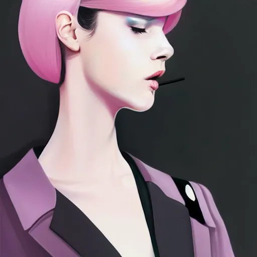 Image similar to young female in black tuxedo, scornful, disdainful, muted colors, matte print, pastel colors, 2d, ultra highly detailed, smooth, sharp focus, digital art, digital painting, fan art, elegant, artstation, head is centered, by Ilya Kuvshinov