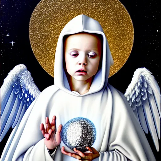 Image similar to beautiful high details hyper realistic painting of white angel in the hood coming from space with giant ball of miracle light from the chest!!!!!, 4 k hd face!!!, cute face, no gender, giant silver holographic wings, by jan van eyck, holography space, white sparkles everywhere, thin strokes, high textures, silver background