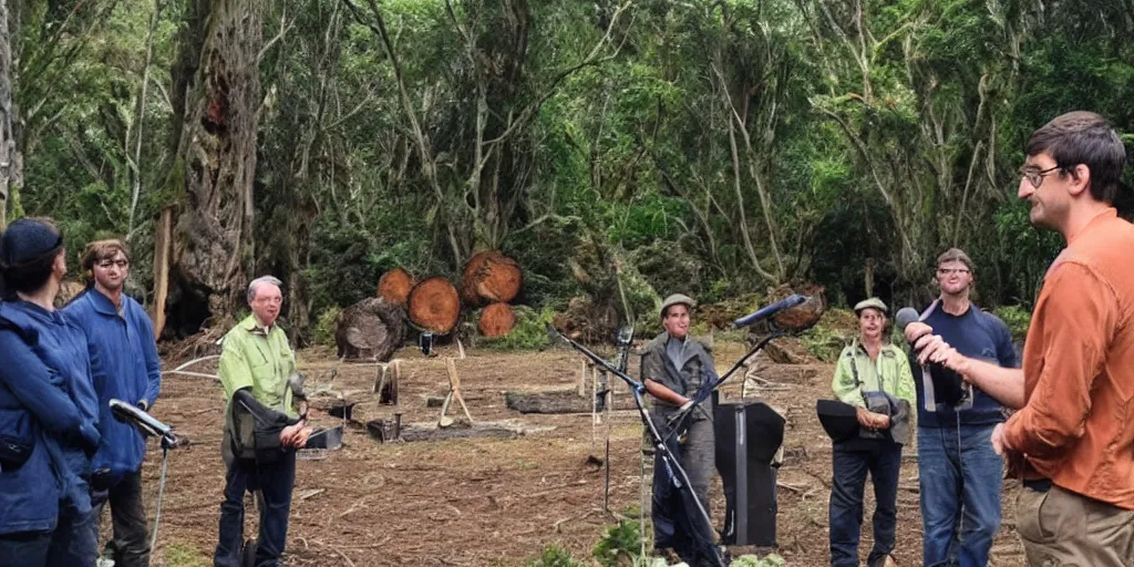 Prompt: bbc tv presenter louis theroux holding a microphone talking to kauri loggers at great barrier island, new zealand. enormous giant logs in background 1 9 2 0's