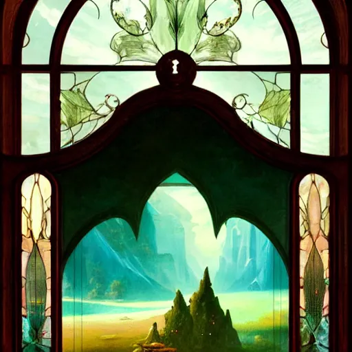 Prompt: beautiful large window with four panes, four yearseason is represented by peter mohrbacher, art nouveau, landscape, cinematic