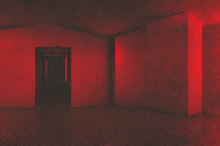 Prompt: cctv footage of an extremely dark empty room with evil horror humanoid cryptid monster made out of static, dark deep black shadows, crimson red and black color contrast in the style of trevor henderson and james ensor goya, liminal space, 3 d render, glitch effect