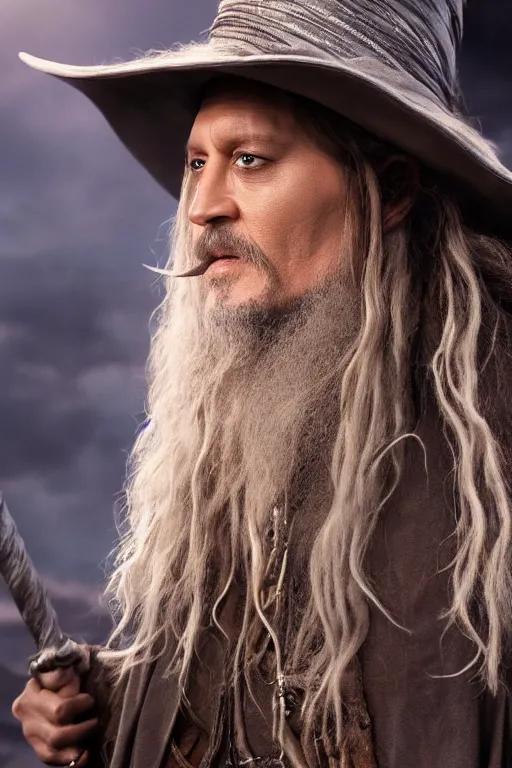 Image similar to film still of johnny depp as gandalf in lord of the rings movie, glamour pose, dramatic lighting, octane, volumetric lighting, 8 k