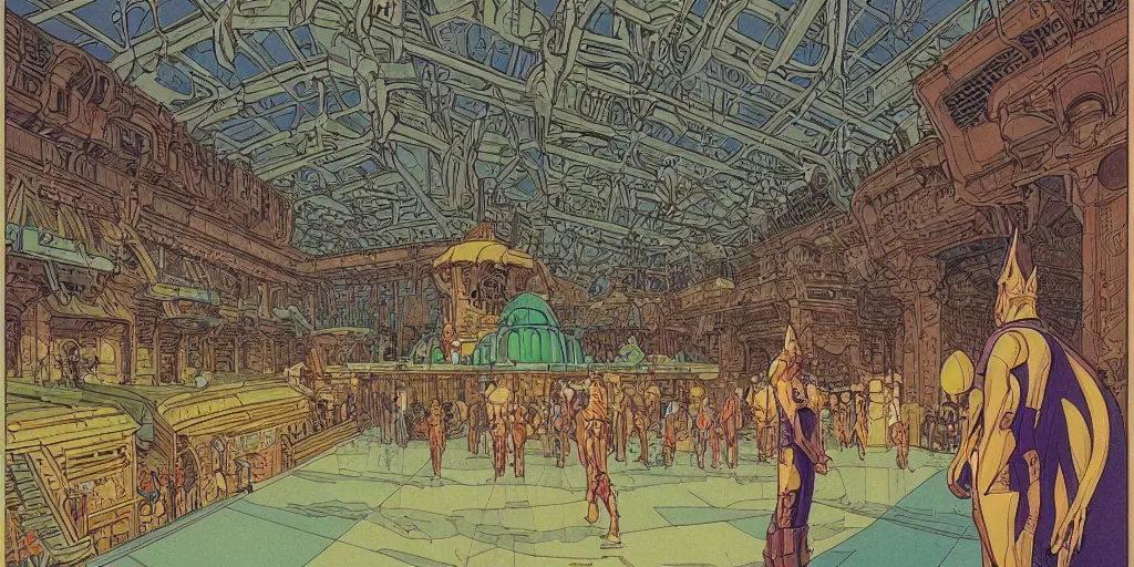 Prompt: cel shaded cinematic shot, matte illustration, the interior of a scifi space station with ornate elven architecture bustling with people, epic castle, emerald, crystalline, detailed illustration, sharp focus, crisp lines, art by moebius, jean giraud moebius comic illustration