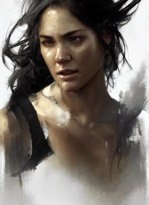 Image similar to epic portrait cinematic shot an female survivor wearing a white t shirt and a military vest, flowing hair, sweaty skin, fine details. night setting. realistic shaded lighting poster by craig mullism, artgerm, jeremy lipkin and michael garmash, unreal engine, radiant light, detailed and intricate environment, digital art, trending on art station,