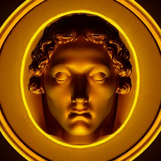 Image similar to head of a renaissance statue, huge neon ring, 3 d render