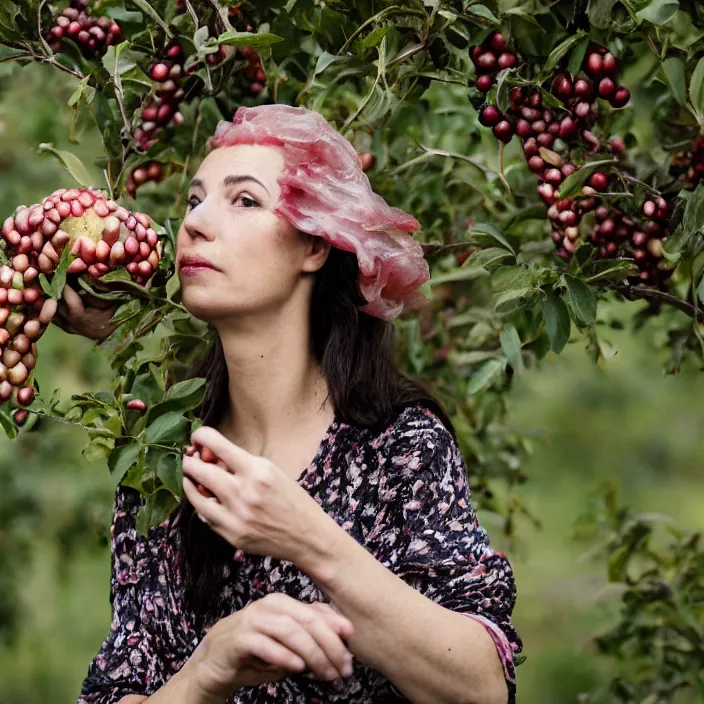 Prompt: a closeup portrait of a woman wearing hagfish slime, picking pomegranates from a tree in an orchard, foggy, moody, photograph, by vincent desiderio, canon eos c 3 0 0, ƒ 1. 8, 3 5 mm, 8 k, medium - format print