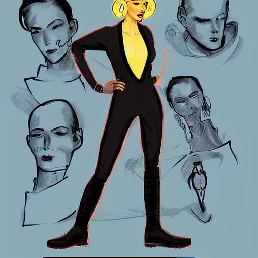 Image similar to character concept art of stoic heroic emotionless handsome blond butch tomboy woman with very short slicked-back hair, in atompunk jumpsuit and boots, science fiction, atompunk, illustration