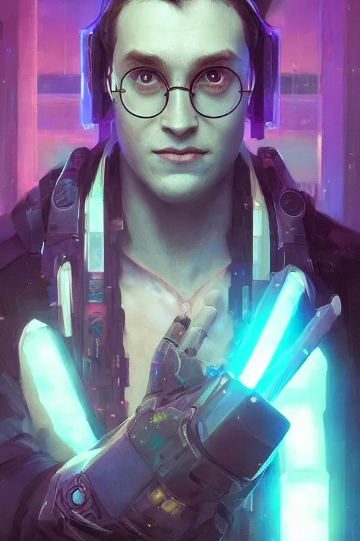 Image similar to Portrait of cyborg Harry Potter in cyberpunk, neon lighting, digital art from artstation by Ruan Jia and Mandy Jurgens and Artgerm and william-adolphe bouguereau and Greg Rutkowski and Wayne Barlowe