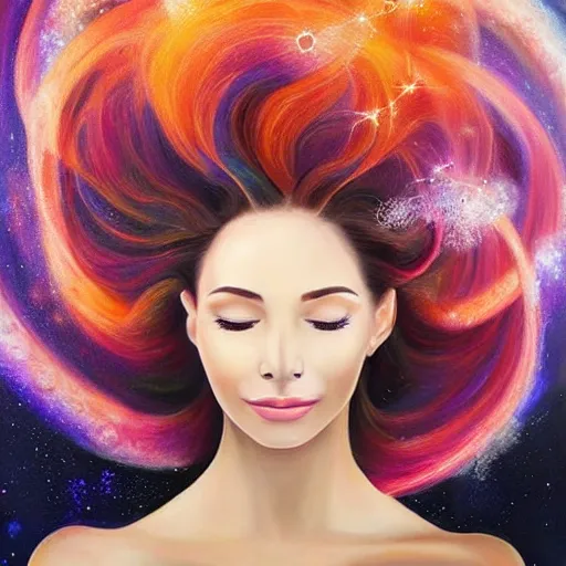 Image similar to beautiful portrait painting of woman with the cosmos as her hair.