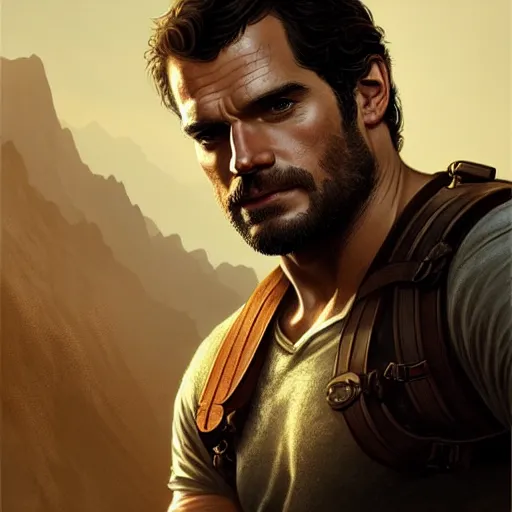 Image similar to Henry Cavill as Nathan Drake, western, D&D, fantasy, intricate, elegant, highly detailed, digital painting, artstation, concept art, matte, sharp focus, illustration, art by Artgerm and Greg Rutkowski and Alphonse Mucha