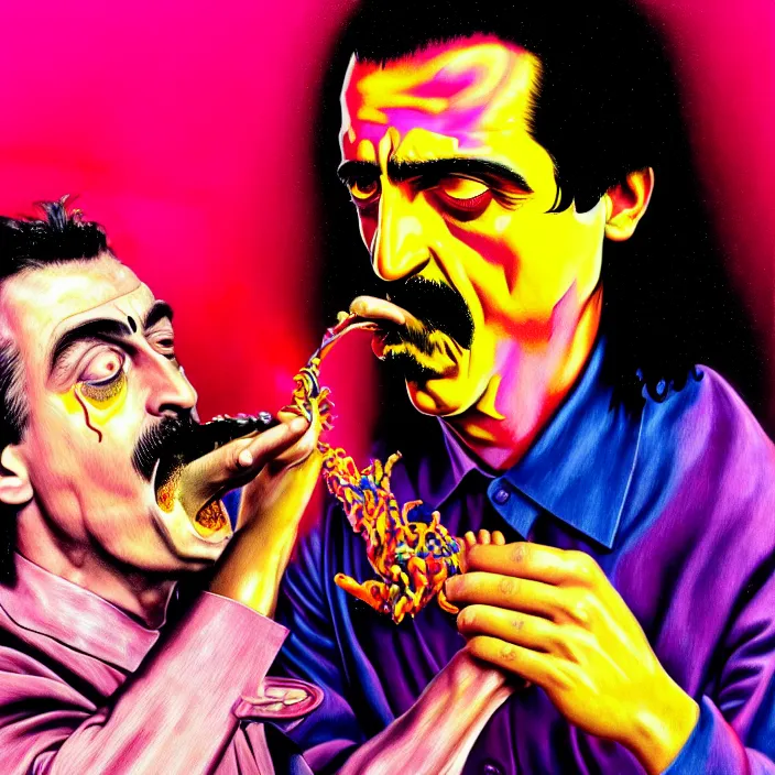 Image similar to bright psychedelic mike patton eating frank zappa who is puking hitler, puke, rotten, screaming, diffuse lighting, fantasy, intricate, elegant, highly detailed, lifelike, photorealistic, digital painting, artstation, illustration, concept art, smooth, sharp focus, art by francis bacon