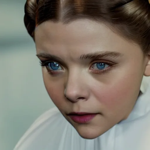 Image similar to Adult Chloe Moretz as Princess Leia, movie scene, skin pores, XF IQ4, 50mm, F1.4, studio lighting, professional, Look at all that detail!, Dolby Vision, UHD