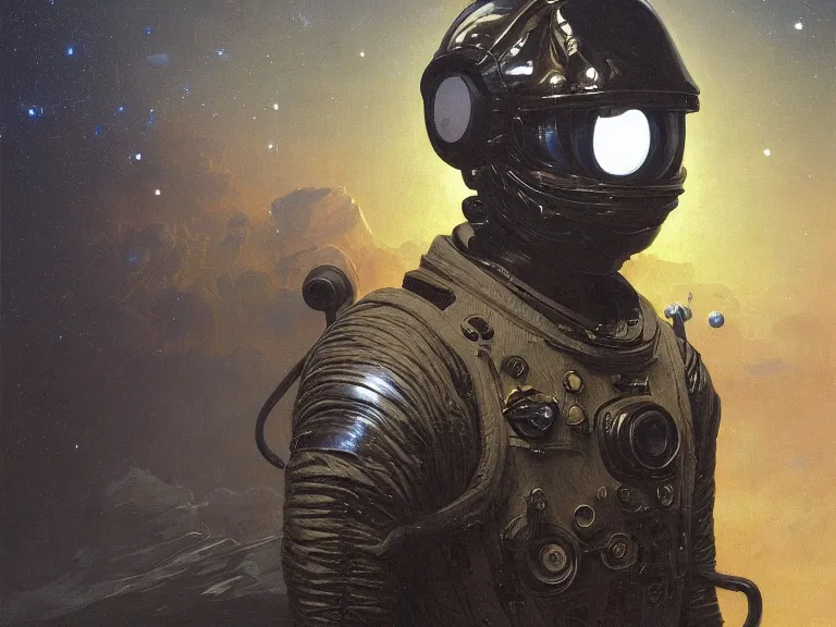 Prompt: a detailed profile oil painting of an explorer in a spacesuit with reflective helmet, flight suit, portrait symmetrical and science fiction theme with aurora lighting by beksinski carl spitzweg and tuomas korpi. baroque elements, full-length view. baroque element. intricate artwork by caravaggio. Trending on artstation. 8k