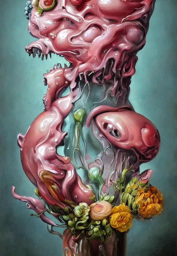 Prompt: a biomorphic painting of a vase with flowers and eyeballs in it, a surrealist painting by marco mazzoni, by dorothea tanning, pastel blues and pinks, lips, melting, plastic, skull, featured on artstation, metaphysical painting, oil on canvas, fluid acrylic pour art, airbrush art, seapunk, rococo, lovecraftian