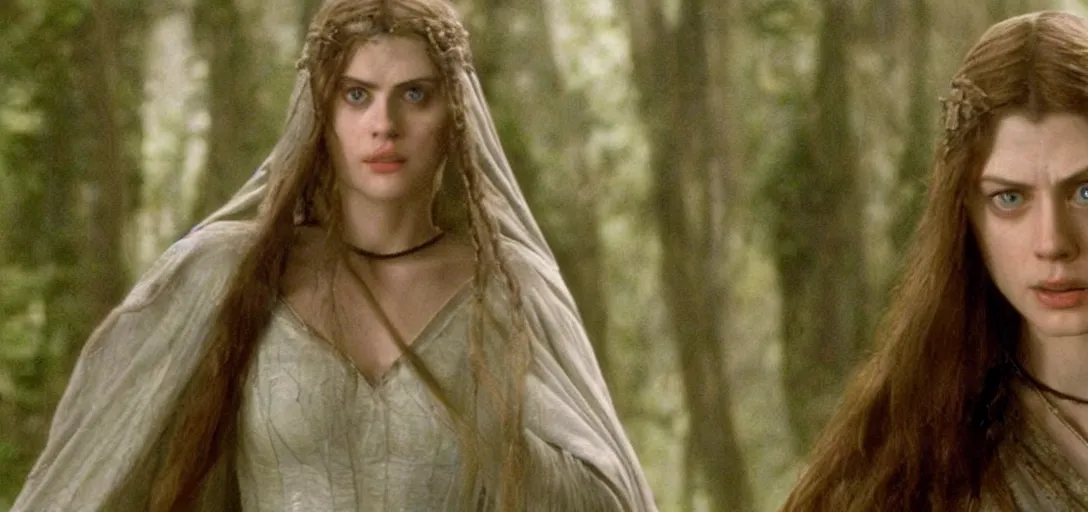 Prompt: still of alexandra daddario as galadriel in the lord of the rings ( 2 0 0 1 )