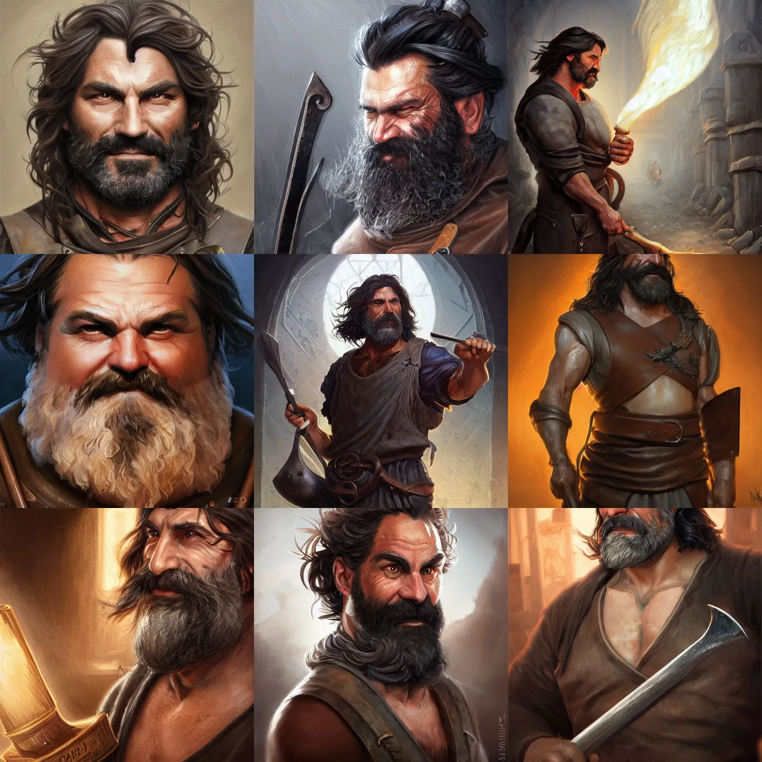 Prompt: hephaestus, sebastien chabal, blacksmith, leather apron, D&D, fantasy, portrait, highly detailed, headshot, digital painting, trending on artstation, concept art, sharp focus, illustration, art by artgerm and greg rutkowski and magali villeneuve