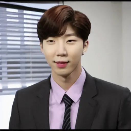 Prompt: Kim Namjoon from bts in The Office TV show season 7, HD, 2009, joon, screenshot, rapmonster, rm, official