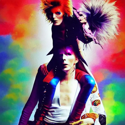 Image similar to david bowie getting a piggy back ride from ziggy stardust, digital art, glam rock