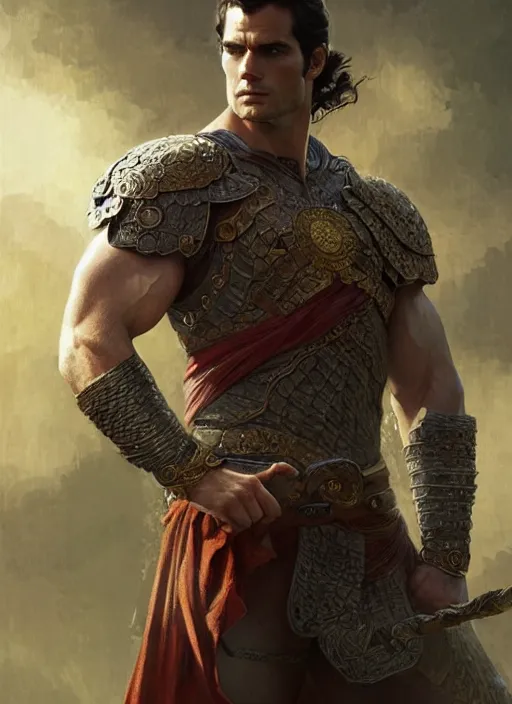 Image similar to Henry Cavill as a warrior, upper body, D&D, muscular, thighs, fantasy, intricate, elegant, highly detailed, digital painting, artstation, concept art, smooth, sharp focus, illustration, art by artgerm and greg rutkowski and alphonse mucha