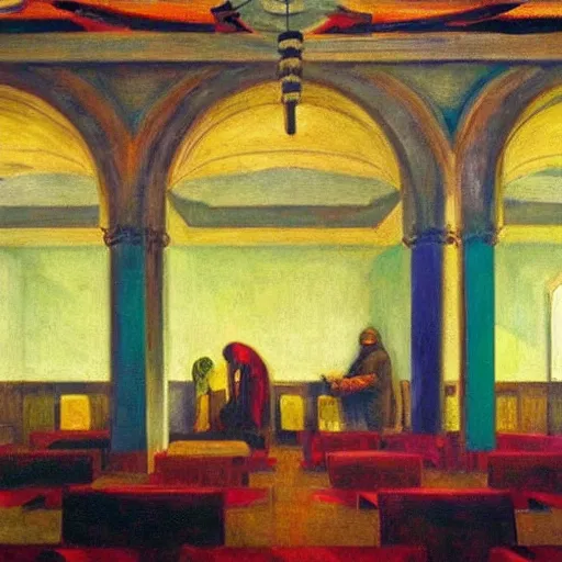 Image similar to apocalyptic scene,prayer,occult,refugees,mosque synagogue interior,gas masks,geometric art,patina,edward hopper