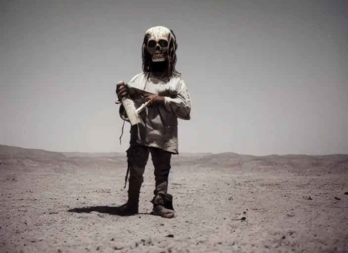 Prompt: child wearing a skull mask, post - apocalyptic desert, holding a sythe, dust and grime, chromogenic medium print