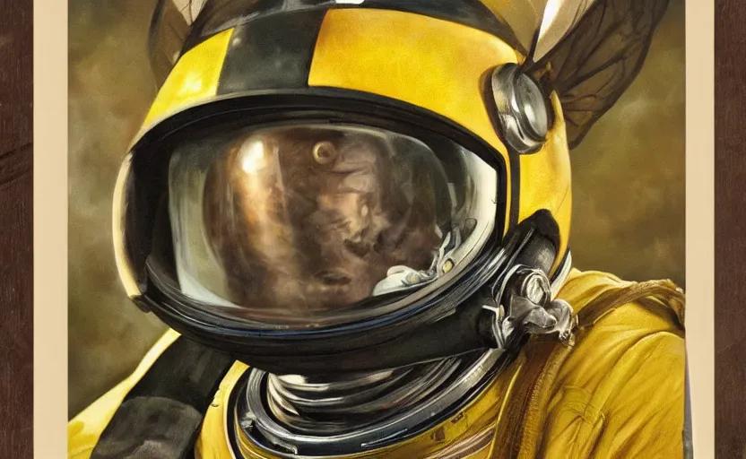 Image similar to oil painting of a bee in a astronaut suit with helmet, 35mm, photo, Epic, cinematic, highly detailed and intricate