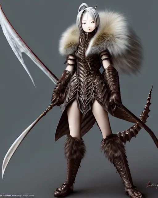 Image similar to dragon hunter, fur - lined armor!!! beautiful and elegant female!! gorgeous ayes!! character concept art, sharp focus, illustration, kinu nishimura!! ayami kojima! shunya yamashita! edayan!! octane render! unreal engine 5! highly rendered!! trending on artstation!! detailed linework!!