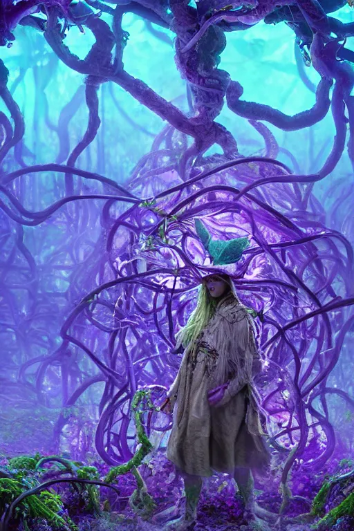 Image similar to mysterious Shaman of the Purple Forest, neon light blue cloak, mycelium, fungi, vines, symmetrical features, illusion, magical realism, ultradetailed, volumetric lighting, 4k UHD, film poster.