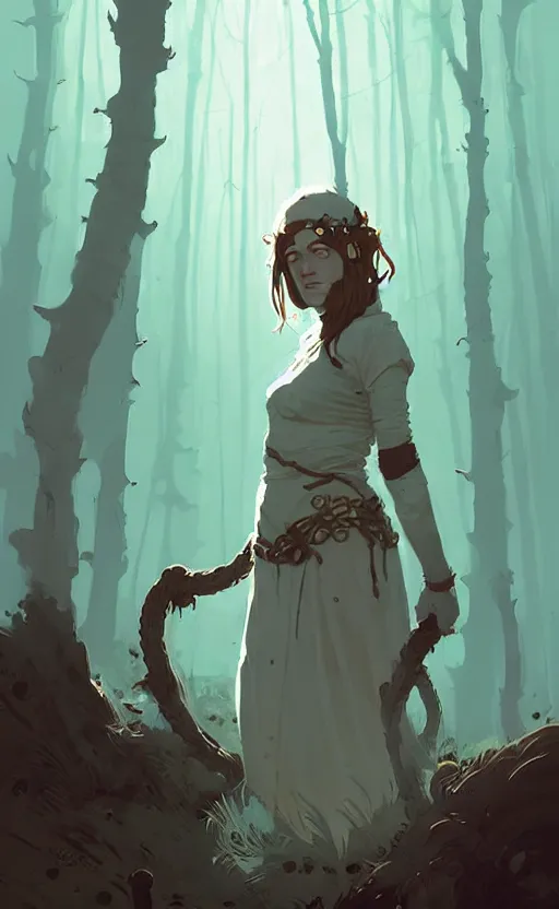 Image similar to female celtic druid by atey ghailan, by greg rutkowski, by simon stalenhag, by greg tocchini, by james gilleard, by joe fenton, by kaethe butcher dynamic lighting, gradient light blue, brown, blonde cream and white color scheme, grunge aesthetic