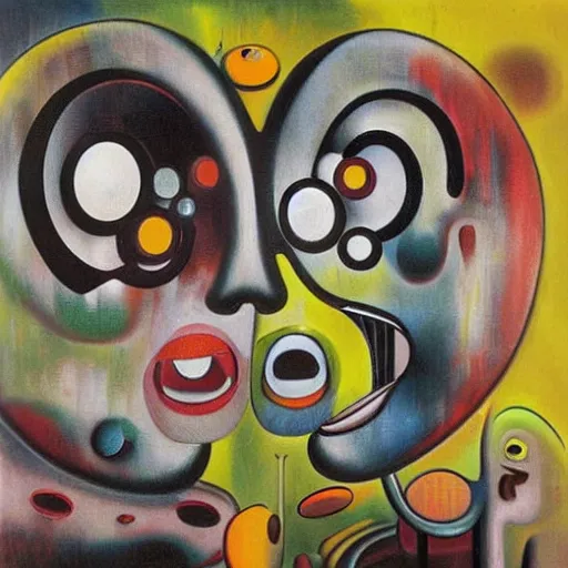 Image similar to Oil painting by Roberto Matta. Strange mechanical beings kissing. Portrait by Takashi Murakami.