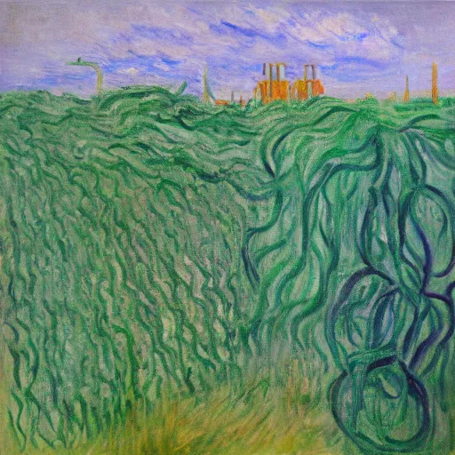 Image similar to offshore oil rig made by pine needles, overtaken by vines and flowers on the coast, expressive oil painting in the style of edvart munch and claude monet, green and lilac and gold color scheme