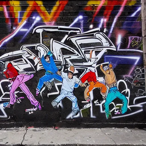 Prompt: four breakdancers battling in the bronx in 1984, by Ansel Adams, gritty, energetic, action, intricate graffiti, Moody lightning, trending on artstation