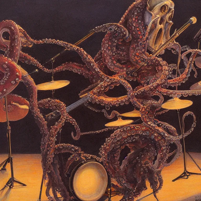 Image similar to a beautiful painting by donato giancola of an octopus playing drums and telecaster guitar in an electronic concert, dark background, concert light, dark mood, warm lights