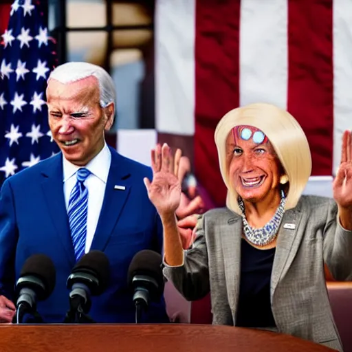 Prompt: alien wearing a wig and a dress and Joe Biden at a press conference, photograph, highly detailed, 4K