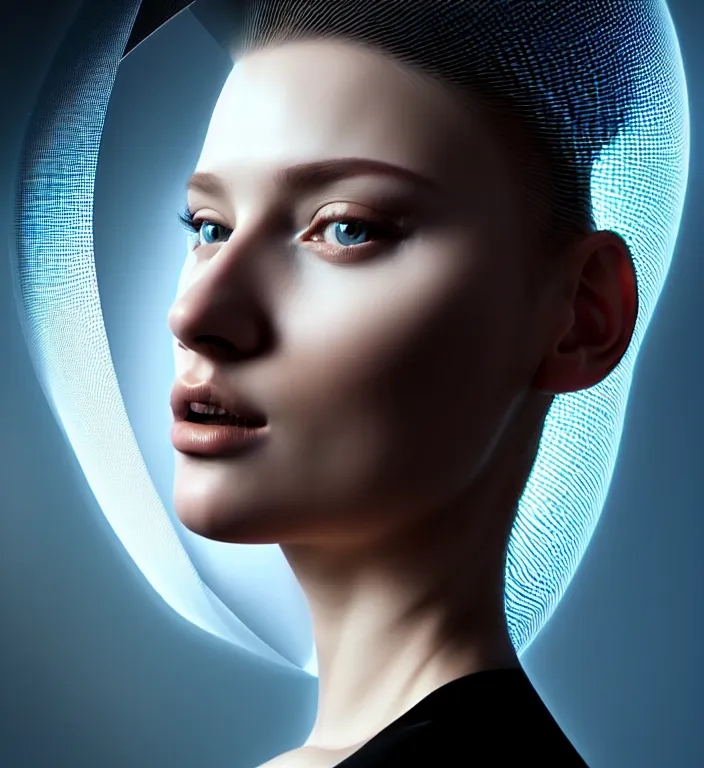 Image similar to hyperrealism photography computer simulation visualisation of parallel universe cgi scene with beautiful highly detailed ukrainian woman by caravaggio wearing neofuturistic neural interface by josan gonzalez - s 1 5 0