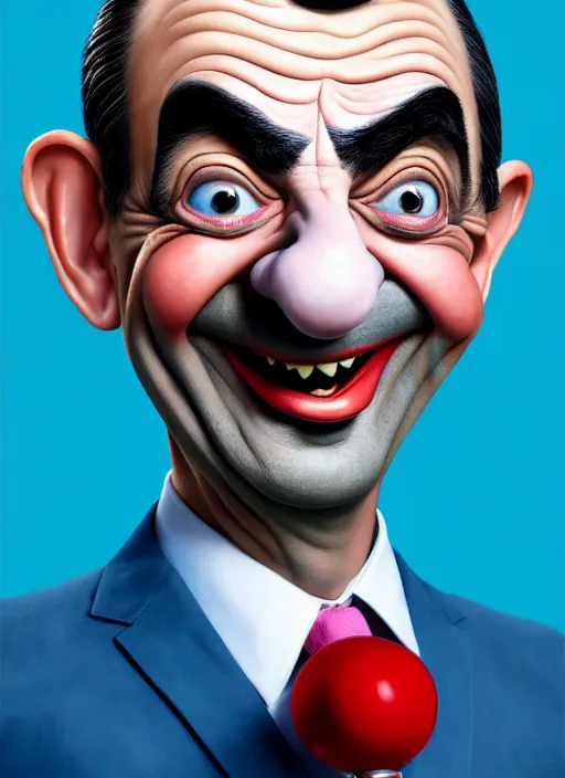 Image similar to highly detailed caricature portrait of mr bean with clown makeup by ross tran, by greg rutkowski, brush strokes, 4 k resolution, light blue pastel background