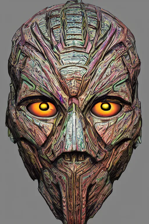 Prompt: tribal vodoo mask eye deepdream global illumination ray tracing hdr that looks like it is from borderlands and by feng zhu and loish and laurie greasley, victo ngai, andreas rocha, john harris wooly hair cut feather stone