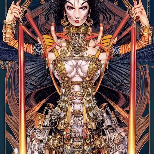 Image similar to portrait of crazy cleopatra, symmetrical, by yoichi hatakenaka, masamune shirow, josan gonzales and dan mumford, ayami kojima, takato yamamoto, barclay shaw, karol bak, yukito kishiro