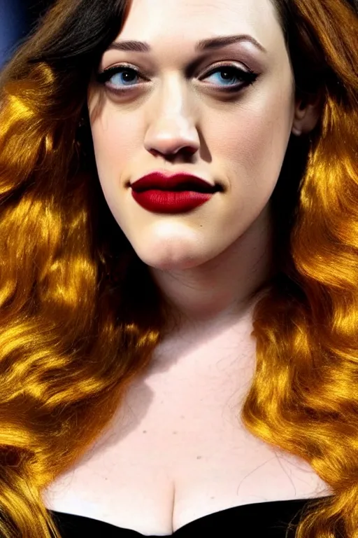 Image similar to Kat Dennings wearing golden mask, hair like fire, muscular, in dark soul