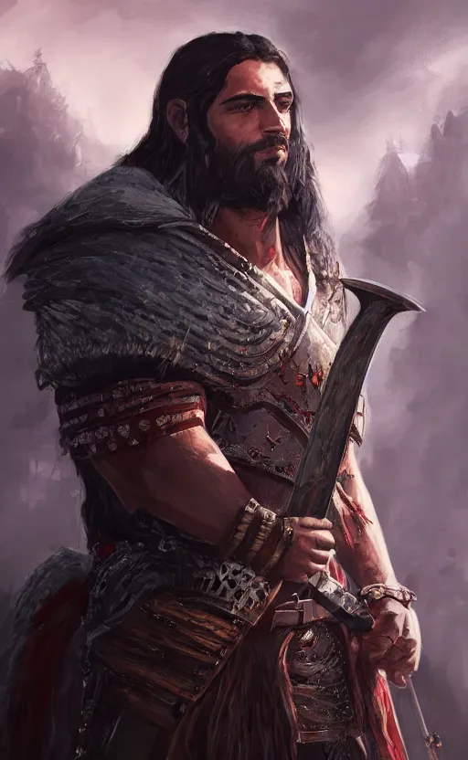 Image similar to an oil art portrait of young handsome pale roma, grim dark warrior from gwent cards, gipsy blood mage with great sword character design from inquisition, 4 k, ultra detail, volumetric lighting, unreal engine, octane render