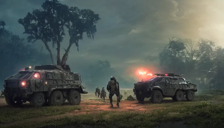 Image similar to a militarized police vehicle riding through a kerala village, troops searching the area, furious action scene, an epic fantasy, dramatic lighting, cinematic, establishing shot, extremely high detail, photorealistic, cinematic lighting, tending on artstation, solarpunk, matte painting, octane render, by simon stalenhag, shadow of the tomb raider, aesthetic