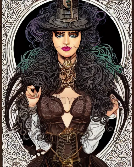 Prompt: a detailed portrait illustration of a steampunk sorceress - laywer. beautiful obese black female face. art nouveau, pop art, comic book style. influenced by neil gaiman, h. p. lovecraft, dan mumford, brian froud, kehinde wiley, killian eng, ross tran.