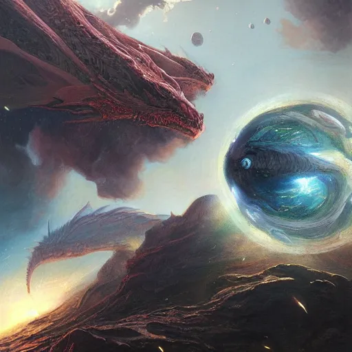 Image similar to Dragon devouring an earth like planet in space, sun system, nebula in the background, oil painting, by Fernanda Suarez and Edgar Maxence and Greg Rutkowski