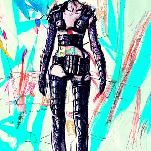 Image similar to cyberpunk outfit, fashion illustration, sketch, vivid colour, artistic, rough paper