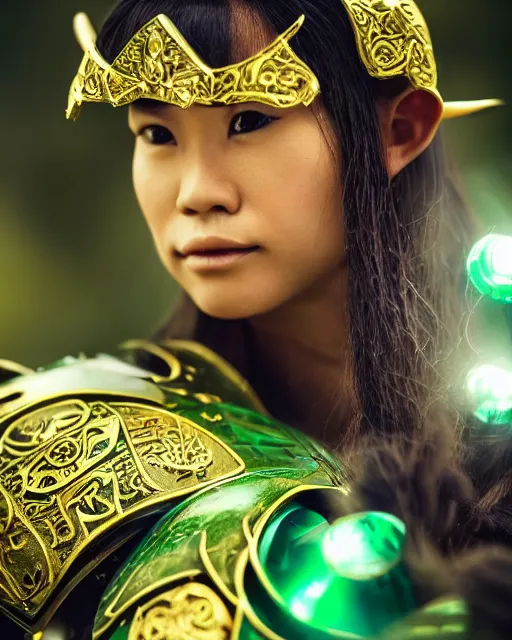 Image similar to a beautiful close up photo of a female Asian elf ranger with long hair and green eyes, no helmet, wearing green and gold futuristic mecha armor, with ornate rune carvings and glowing lining, very detailed, shot in canon 50mm f/1.2