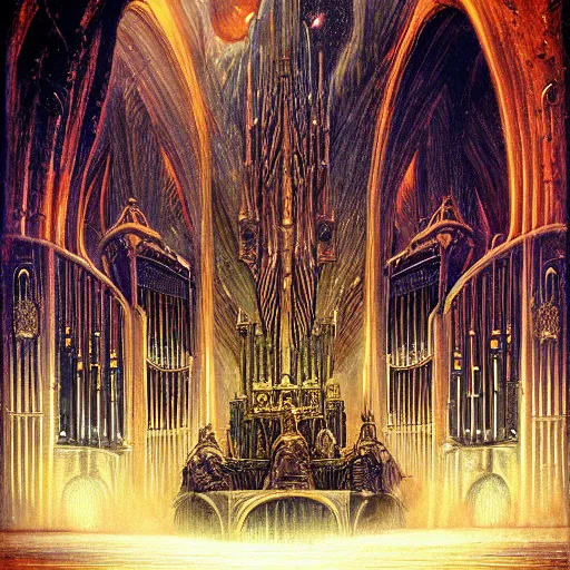 Image similar to pipe organ space opera album cover, style of alan lee, john howe, dramatic lighting, detailed, gothic, ornate