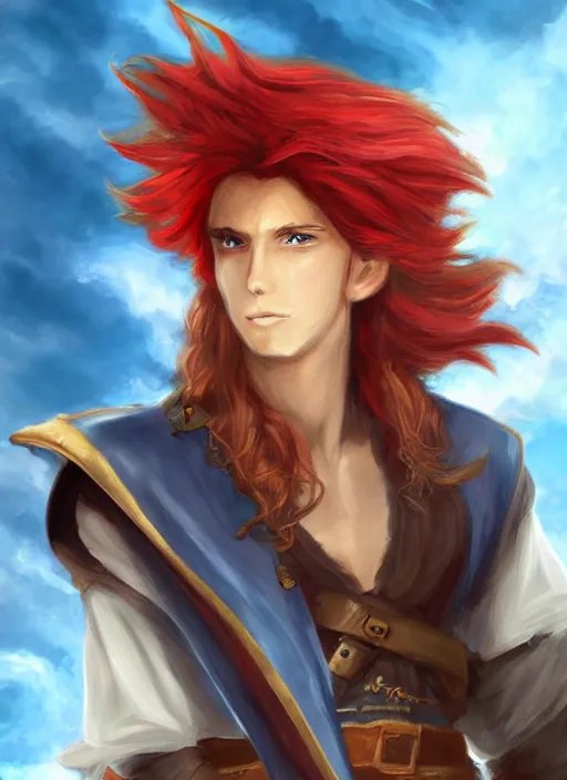 Image similar to An epic fantasy pokemon anime style portrait painting of a long haired, red headed male sky-pirate in front of an airship